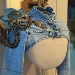 Embellished Denim Jacket with Beaded Snake Design